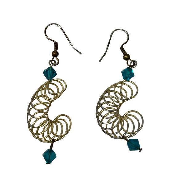 Handcrafted‎ Earrings Blue Beaded Crystal Pierced Spiral Loops Dangle Wire - Picture 7 of 8